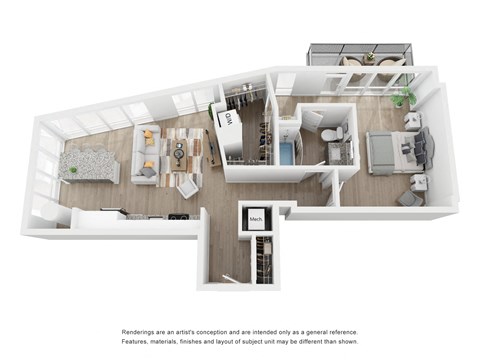 Floor plan for 1 bed, 1 bath, 894 sqft